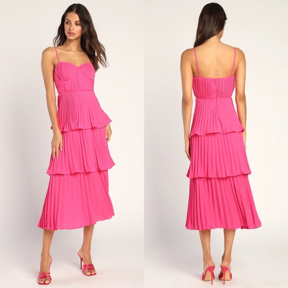 Hot Pink Bustier Pleated Tiered Chiffon Midi Dress 🌿 - Picture 8 of 12